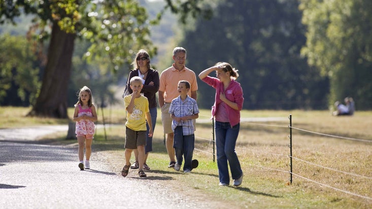 Family walking in the park at Ickworth, Suffolk, in summer